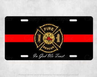 Firefighter, Fireman License Plate - Public Safety In God We Trust Vanity Plate - Personalized Thin Red Line Firefighter, Fireman Car Tag