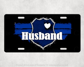Husband Back The Blue License Plate - Blue Line Badge Series Gift - Public Safety Vanity Plate - Police Family Law Enforcement Auto Car Tag