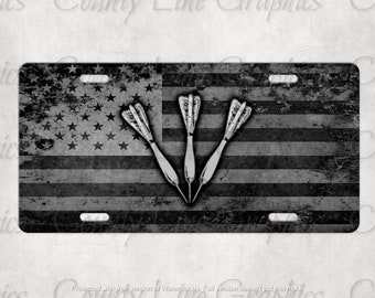 American Flag License Plate - Muted Grey Scale Darts Graphic Vanity Plate - Vehicle Novelty Plate - Darts Auto Car Tag - Darts Truck Tag
