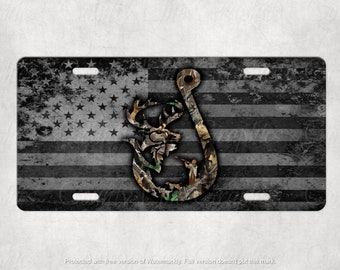 American Flag License Plate Camouflage Fish Hook Graphic Vanity