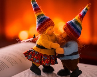 Handmade Rainbow Gnome Couple – Waldorf Pocket Dolls, Gift of Joy