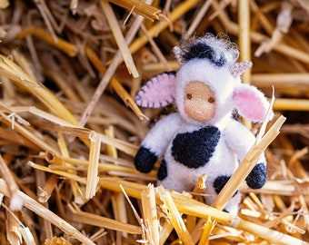 Miniature Cow Waldorf Doll – Handmade Wool Felt Pocket Toy – Farm Animal