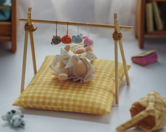 Miniature Baby Waldorf Doll – Handmade Wool Doll with Crochet Toys – Dollhouse Nursery Scene