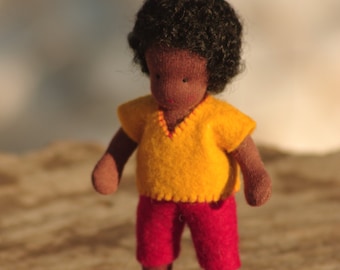 African boy Waldorf doll: felt natural dolls for home decor, birthday gift ideas