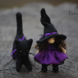 Witch doll with black cat: handmade Waldorf art doll, Halloween gifts
