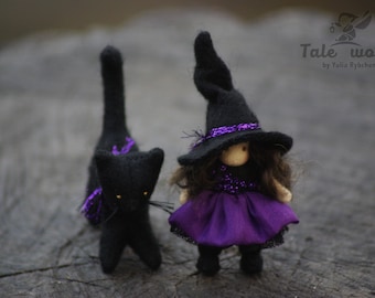 Witch doll with black cat: handmade Waldorf art doll, Halloween gifts