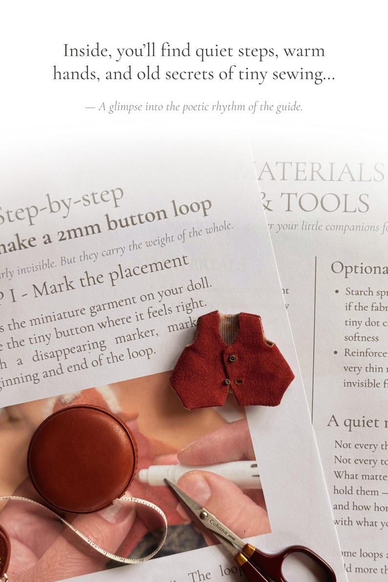 May include: A close-up of a sewing guide with a miniature red vest, a brown measuring tape, and small scissors. The text reads "Inside, you'll find quiet steps, warm hands, and old secrets of tiny sewing..." and "Step-by-step make a 2mm button loop."