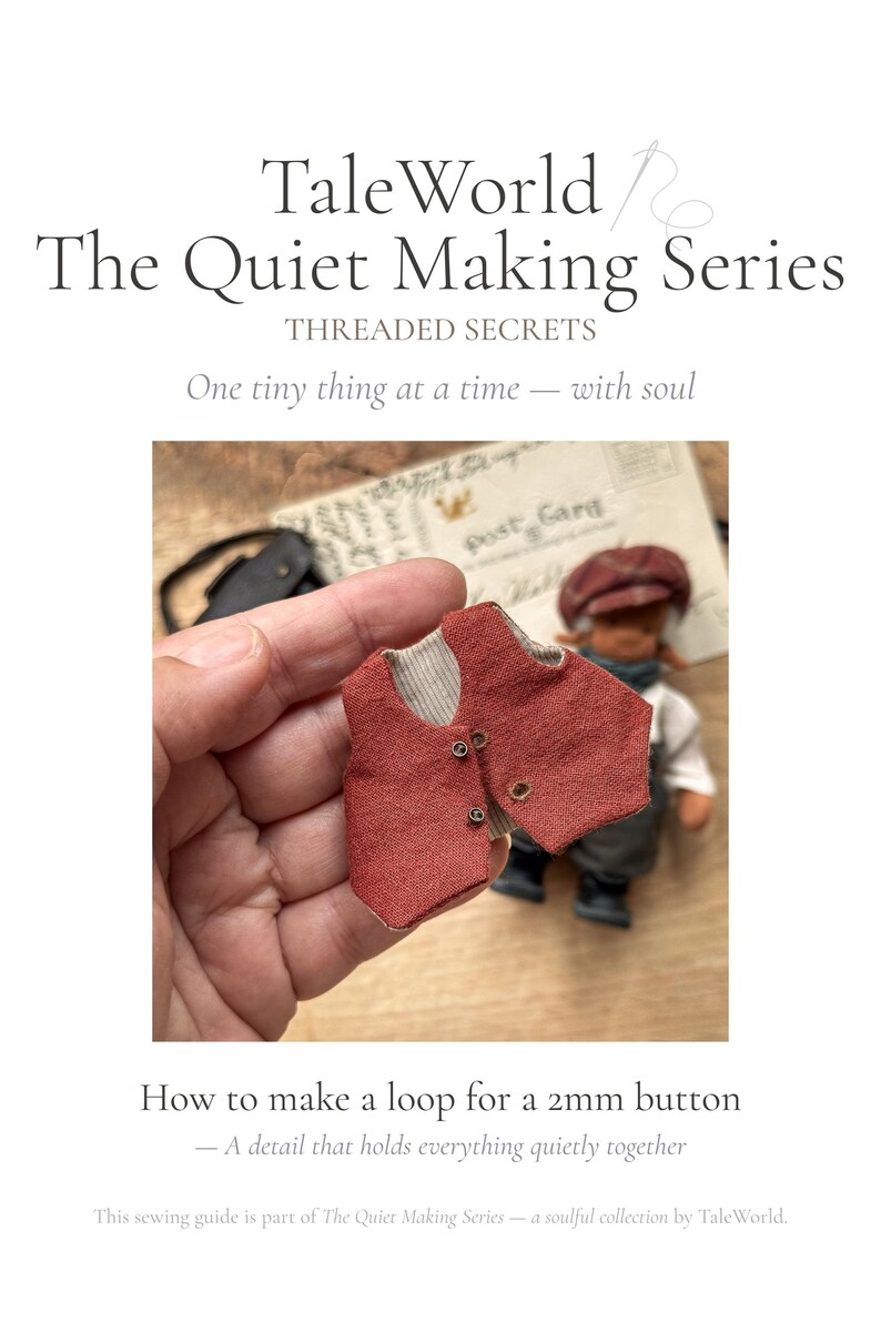 May include: A miniature red vest with three small buttons is held in a hand. The vest is part of a sewing guide titled "TaleWorld The Quiet Making Series." The guide's text reads "One tiny thing at a time - with soul."