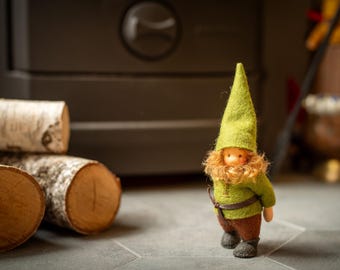 Green Hat Gnome Doll – Handmade Waldorf Figurine, Collectible