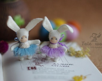 Felt Bunny plush doll in aquamarine purple skirt: ooak art doll supernatural gifts