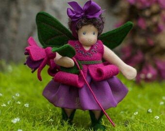 Fuchsia Fairy Waldorf Doll: Handmade Wool Felt & Silk Fairy Figurine