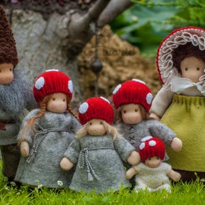 Children of the Forest family: Waldorf art family dolls, Dollhouse family of six Mushroom dolls