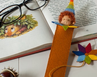 Wool Felt Elf Bookmark – Handmade Waldorf Miniature with Rainbow Hat – Book Accessory