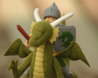 Felt Plush Dragon with Knight Doll – Handmade Waldorf Fantasy Toy