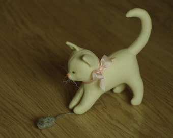 Wool Felt Waldorf Kitten – Handmade Soft Toy Cat with Bow