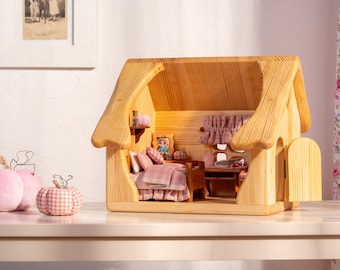 Handmade Wooden dollhouse with furniture and pink textile - supernatural wooden gifts for home decor