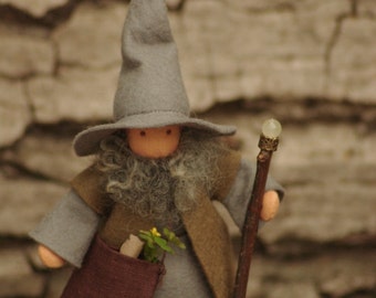Waldorf Wizard Doll: Handmade Wool Felt Wizard with Wooden Staff, Fantasy Decor