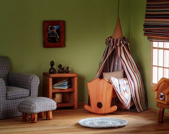 Miniature Wooden Baby Cradle – Dollhouse Furniture 1:16 Scale – Handcrafted Wood