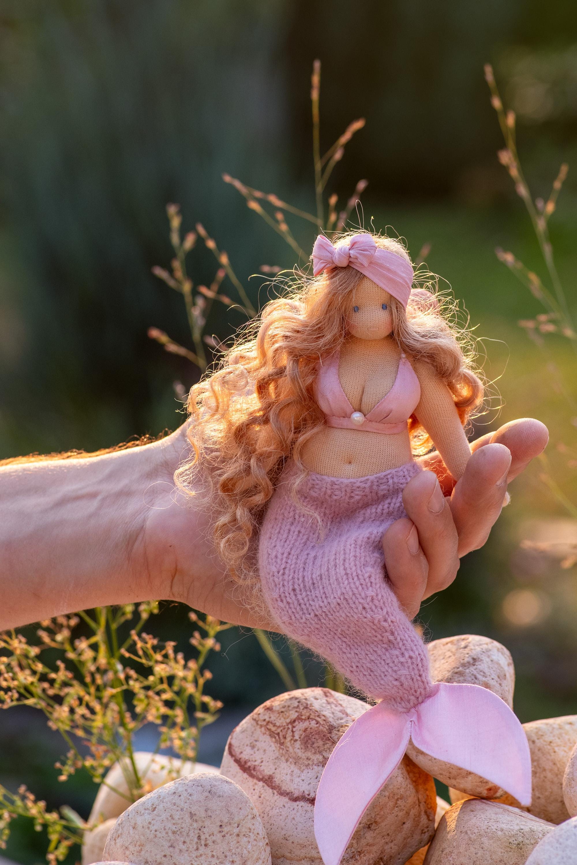 Waldorf Mermaid Doll – Handmade Collectible Toy with Knitted Tail & Silk Top