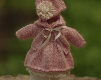 Knit Doll Clothes: Pink Outfit for 5–6 Inch Dolls, Handmade Wool Dress Set