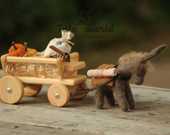 Stuffed animal donkey with wood cart - cute holiday gifts