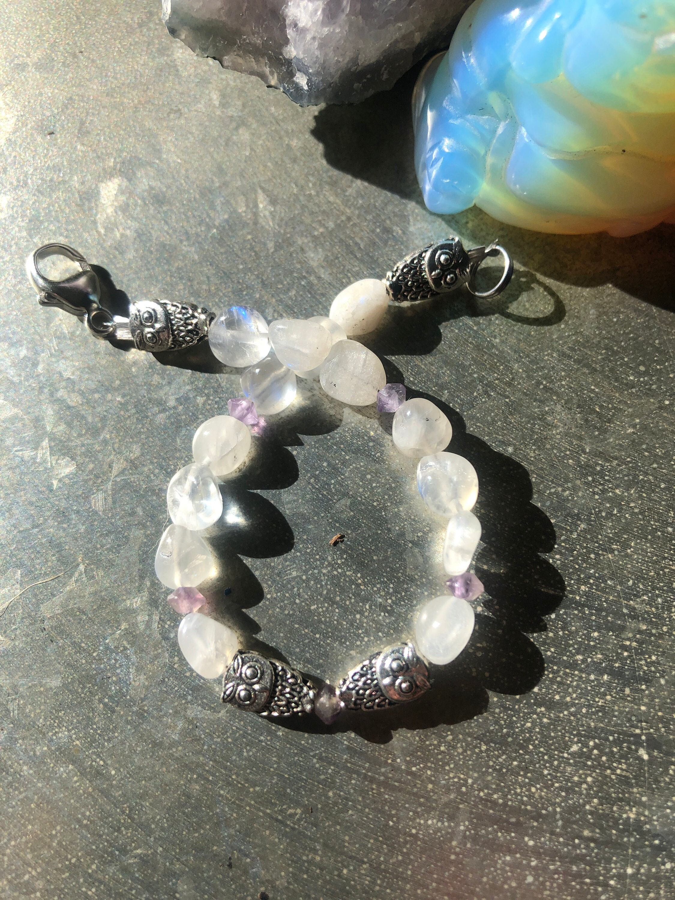 Boho Owl Totem Moonstone Bracelet with Amethyst Saucers -- June Birthstone -- February Birthstone