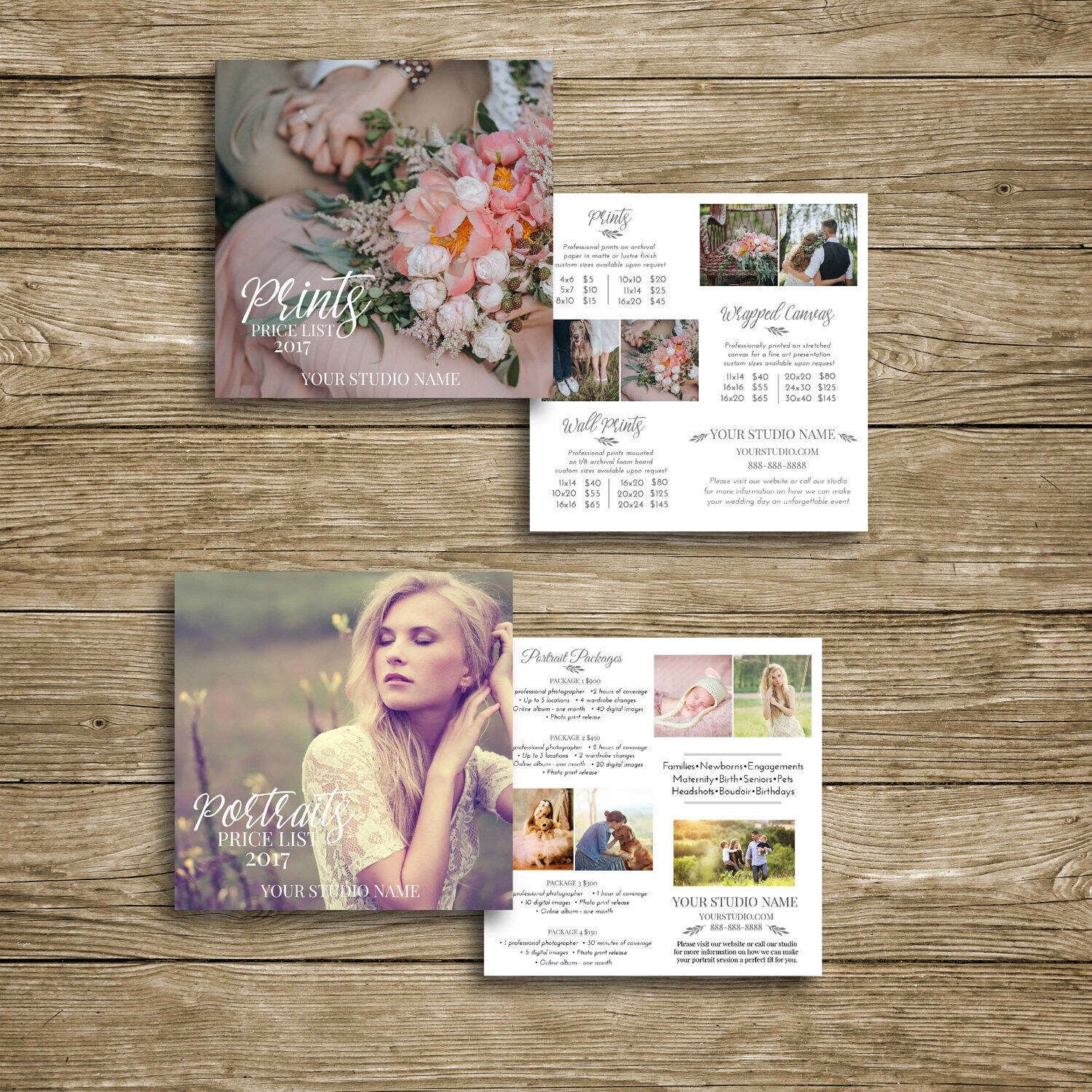 4 Piece Photography Studio Price List Bundle 5x5 Photography Price List