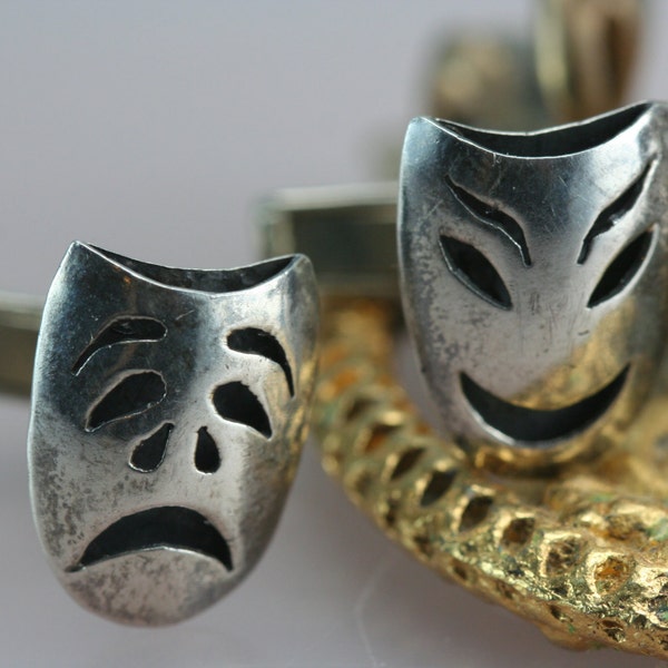 Comedy Tradegy cufflinks, Sterling Silver Cuff links, Theatrical Mod Vintage Cuff links, Unique unisex cuff Accessory