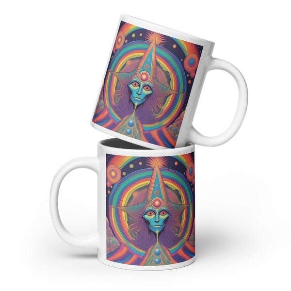 Sirian Starseed Extraterrestrial Alien Blue Face Mug Psychedelic Rainbow Art Third Eye Ascended Master Spiritual Spirit Guide Space Galaxy