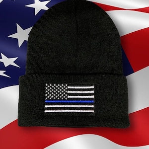 Thin blue line beanie/skull cap or cuff knit hat black  support police