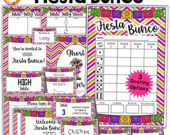 May include: A set of printable fiesta bunco game cards with a colorful Mexican theme. The cards feature a variety of designs, including a ghost, a chicken, and a table with the number 12. The text on the cards includes "Fiesta Bunco", "Welcome to Fiesta Bunco", "Let's Roll!" and "Chicken Taquitos".