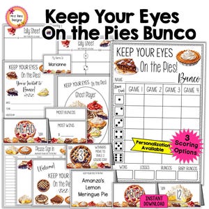 Paquete Bunco con temática de pastel Hojas de puntuación de Bunco Hojas de recuento Invitaciones Números de mesa con instrucciones de movimiento Tarjetas de comida Letreros para puerta Etiquetas con nombres y más