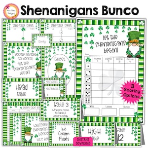 Pacote Bunco de São Patrício 27pgs Shenanigans Gnome Bunco Folhas de pontuação Folhas de contagem Convites Números de mesa Sinais Fantasma Prêmio Etiquetas Etiquetas de nome Mais