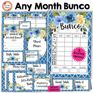 Lot fête bunco floral bleu : feuilles de pointage, numéros de table (PDF)