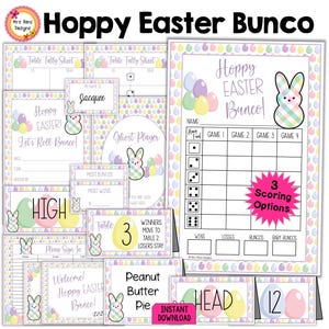 Easter Bunco-scorekaarten 27 pagina's Bundel scorevellen Notitievellen Tabelnummers met routebeschrijving Voedselkaarten Welkom deurbord naamkaartjes