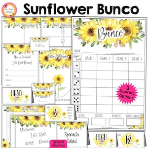 Sunflowers Bunco Bundle Score Sheets Table Tally Sheets Table Numbers Ghost Invitations Name and Prize Tags Food Cards Welcome Door Signs