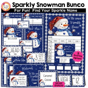May include: A navy blue digital download featuring a sparkly snowman theme for a Bunco game. The design includes various game elements, such as scorecards, table signs, and name tags, all adorned with snowman illustrations and festive accents. The text reads "Sparkly Snowman Bunco".