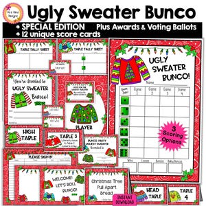 Lelijke kersttrui Bunco Special Edition Bundel Scorecards Notitieblaadjes Tafelnummers Uitnodigingen Spooknaam Naamkaartjes Prijskaartjes Voedselkaarten