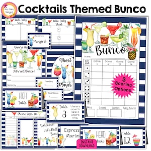 Tema Cocktail, Pacchetto Bunco di segnapunti, Fogli di conteggio, Numeri da tavolo, Carte per cibo, Cartello di benvenuto, Etichette per premi, Tabella di accesso, Etichette con nome, Kit per feste