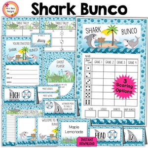 Bunco Shark Thema Bundel scorecards Notitievellen Uitnodigingen Voedselkaarten Prijskaartjes Naamkaartjes Ghost-tafelnummers Compleet feestpakket