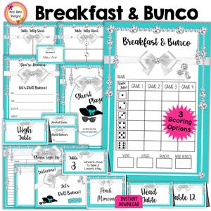 May include: A collection of teal and white printable game sheets and cards for a Breakfast & Bunco event. Includes table tally sheets, score sheets, invitation cards, and table place cards. Features decorative bows and diamond accents.