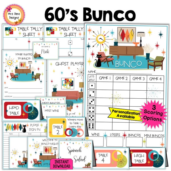 60s Bunco Bundle 27pgs Mid-Century Modern Bunco Theme Score Sheets Tally Table Tents Invites Food Cards Prize Tags Welcome Sign Name Tags