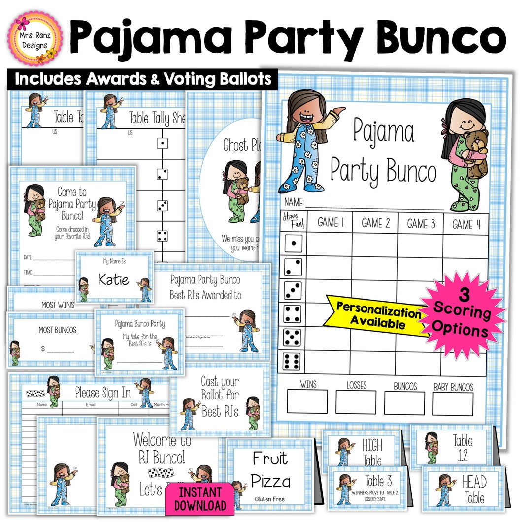 Pajama Party Bunco 30pgs Pjs Bunco Score Cards Tally Sheets Invitations ...