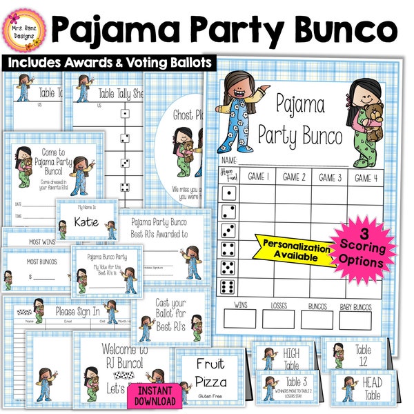 Pajama Party Bunco 30pgs PJs Bunco Score Cards Tally Sheets Invitations Table Numbers Moving Directions Food Cards Signs Best PJs Award More