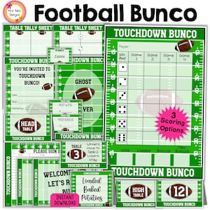 Football Bunco Score Cards Complete Party Kit Tally Sheets Table Numbers Ghost Player Food Cards Prize Tags Name Tags Invitations Touchdown
