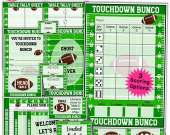 Football Bunco Score Cards Complete Party Kit Tally Sheets Table Numbers Ghost Player Food Cards Prize Tags Name Tags Invitations Touchdown