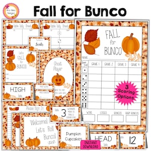 Paquete Bunco de hojas de otoño, tarjetas de puntuación, hojas de recuento, números de mesa con instrucciones de movimiento, invitaciones, tarjetas de comida para fiestas, letrero de bienvenida para puerta, etiquetas con nombres