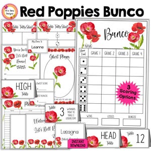 Cartões de pontuação Bunco Red Poppies, folhas de contagem, números de mesa com instruções de movimento, convites, cartões de comida para festa, placa de boas-vindas, etiquetas de prêmios, cartões de comida