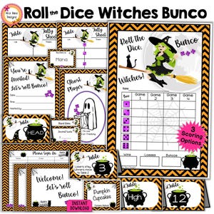 Halloween Bunco Bundle 27pgs Oktober Bunco Scorecards Tally Sheets Einladungen Geisterspieler Tischnummern Essenkarten Preisanhänger und MEHR