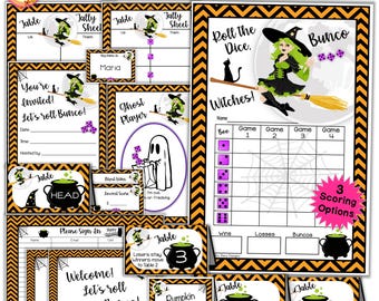 Lot Halloween Bunco, 27 pages, cartes de pointage Bunco d&#39;octobre, feuilles de pointage, invitations, numéros de table de joueur fantôme, cartes de nourriture, étiquettes de prix et PLUS